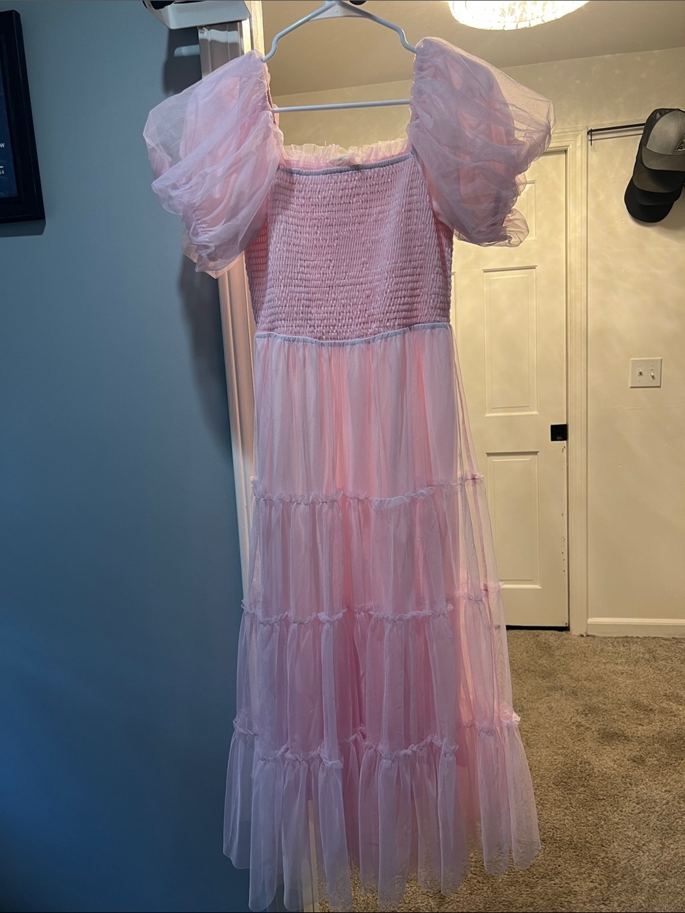 Listicle Pink Tiered Tulle Midi Dress with Puff Sleeves
